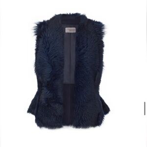 Olivia Palermo $398 Real Fur Shearling Lamb Navy Vest Genuine Suede Back Sz XXS